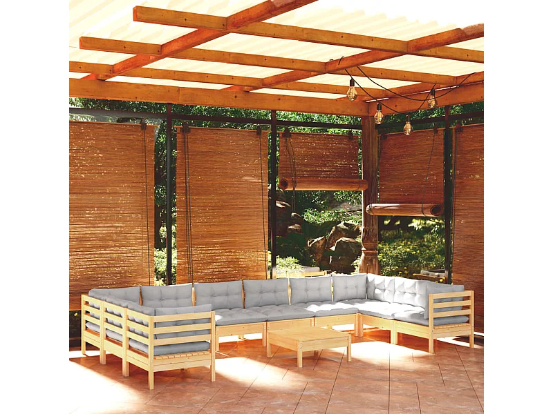 11 pcs conjunto lounge de jardim c/ almofadões cinzentos pinho