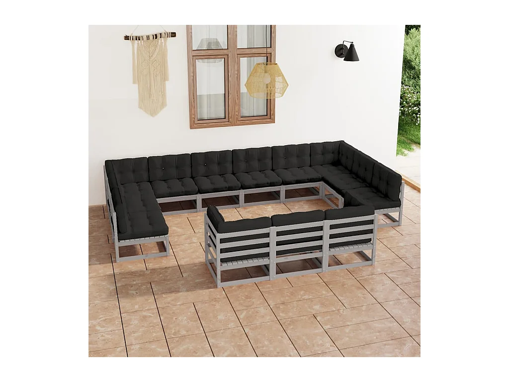Salon de jardin 13 pcs avec coussins Gris Bois de pin massif