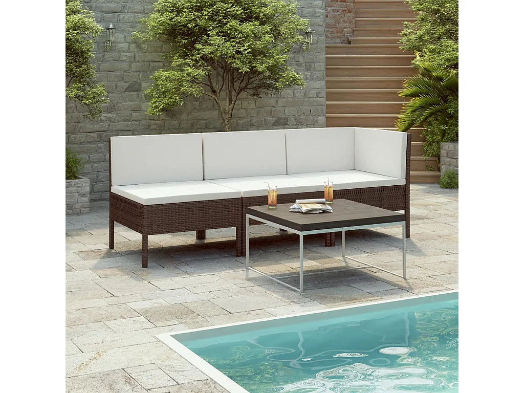 Salon de jardin 3 pcs avec coussins Résine tressée Marron