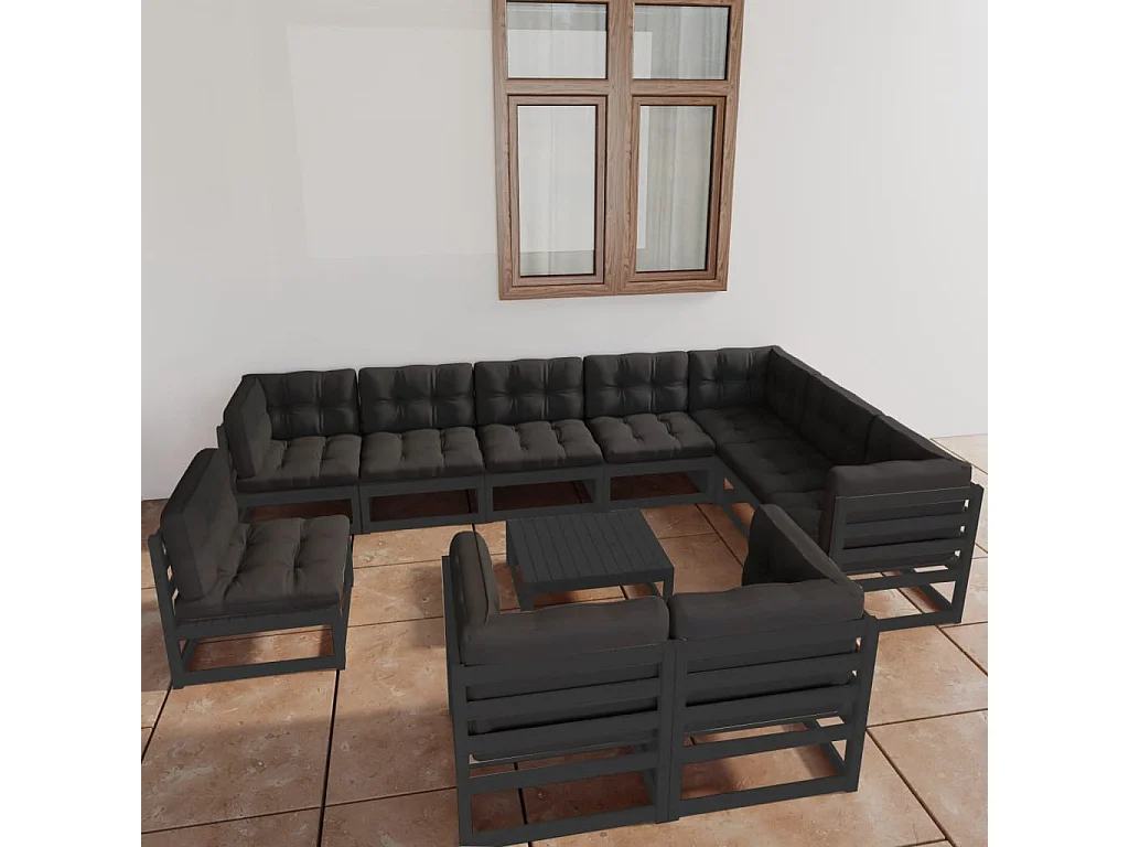11 pcs conjunto longue jardim c/ almofadões pinho maciço preto