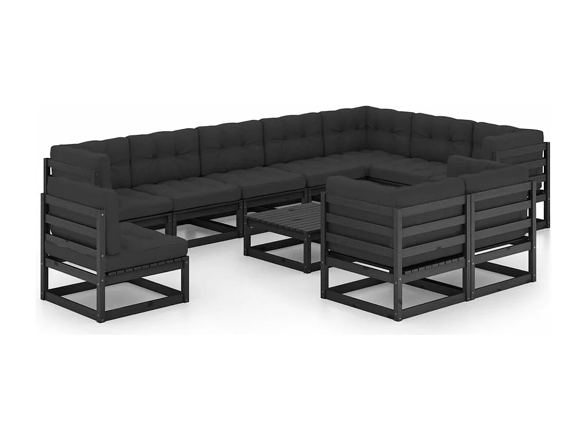 11 pcs conjunto longue jardim c/ almofadões pinho maciço preto