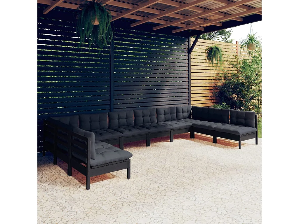10 pcs conjunto lounge jardim c/ almofadões pinho maciço preto