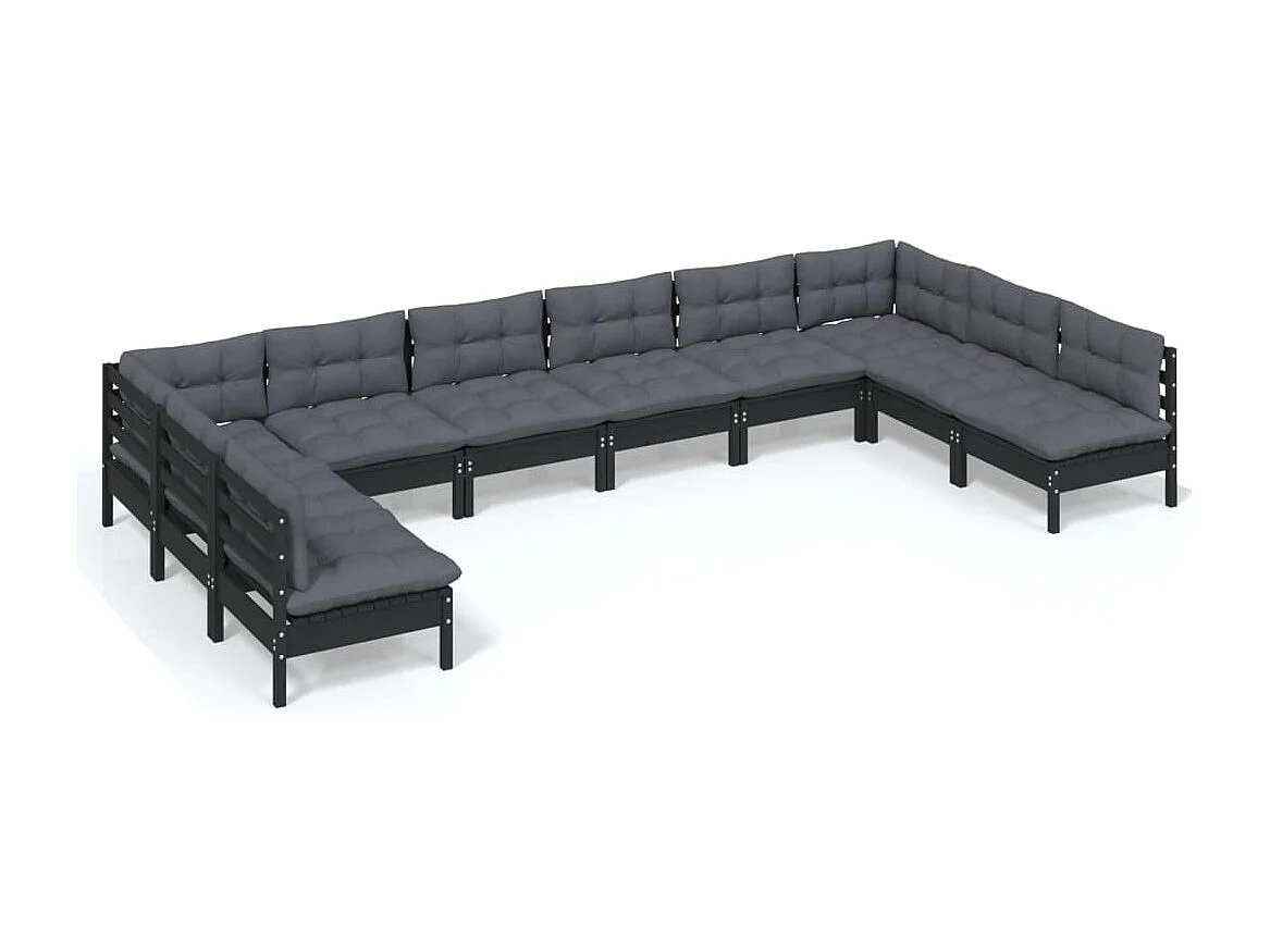 10 pcs conjunto lounge jardim c/ almofadões pinho maciço preto