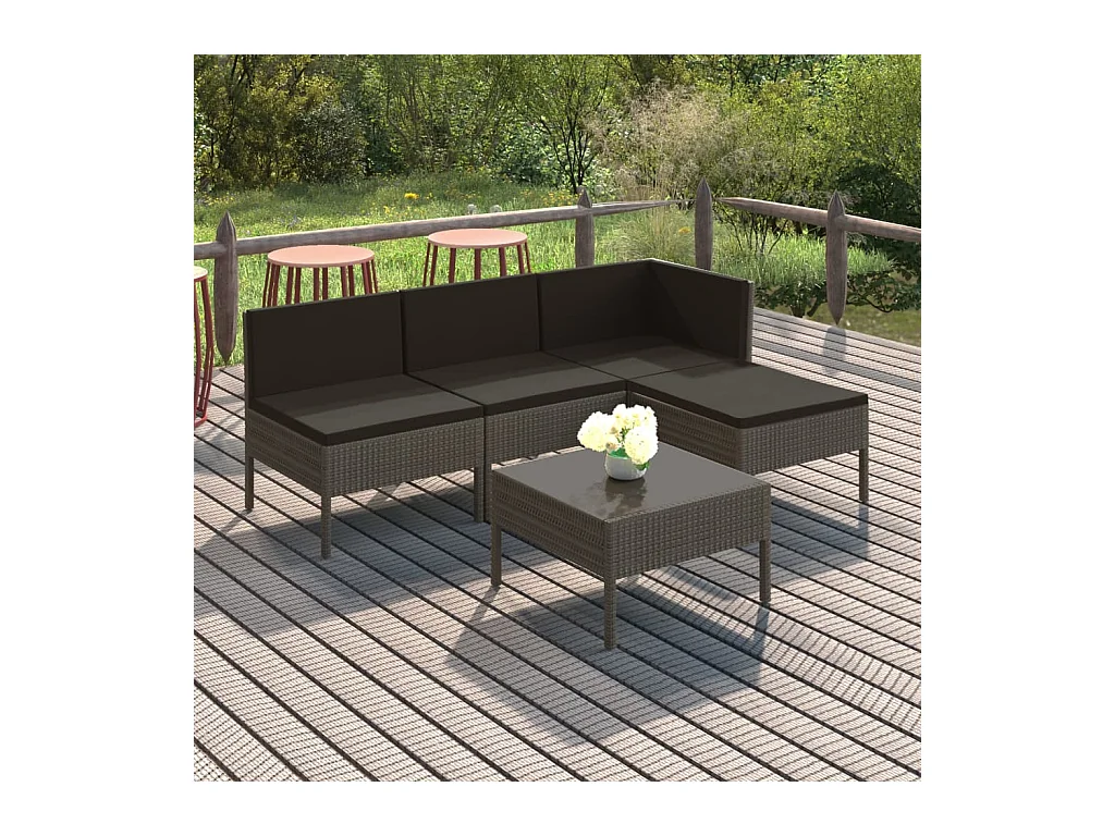 Salon de jardin 5 pcs avec coussins résine tressée gris