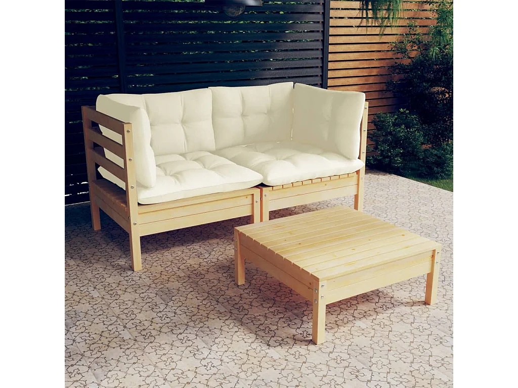3-tlg. Garten-Lounge-Set mit Creme Kissen Kiefernholz