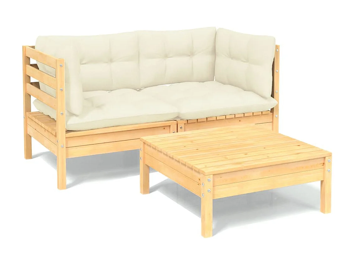 3-tlg. Garten-Lounge-Set mit Creme Kissen Kiefernholz