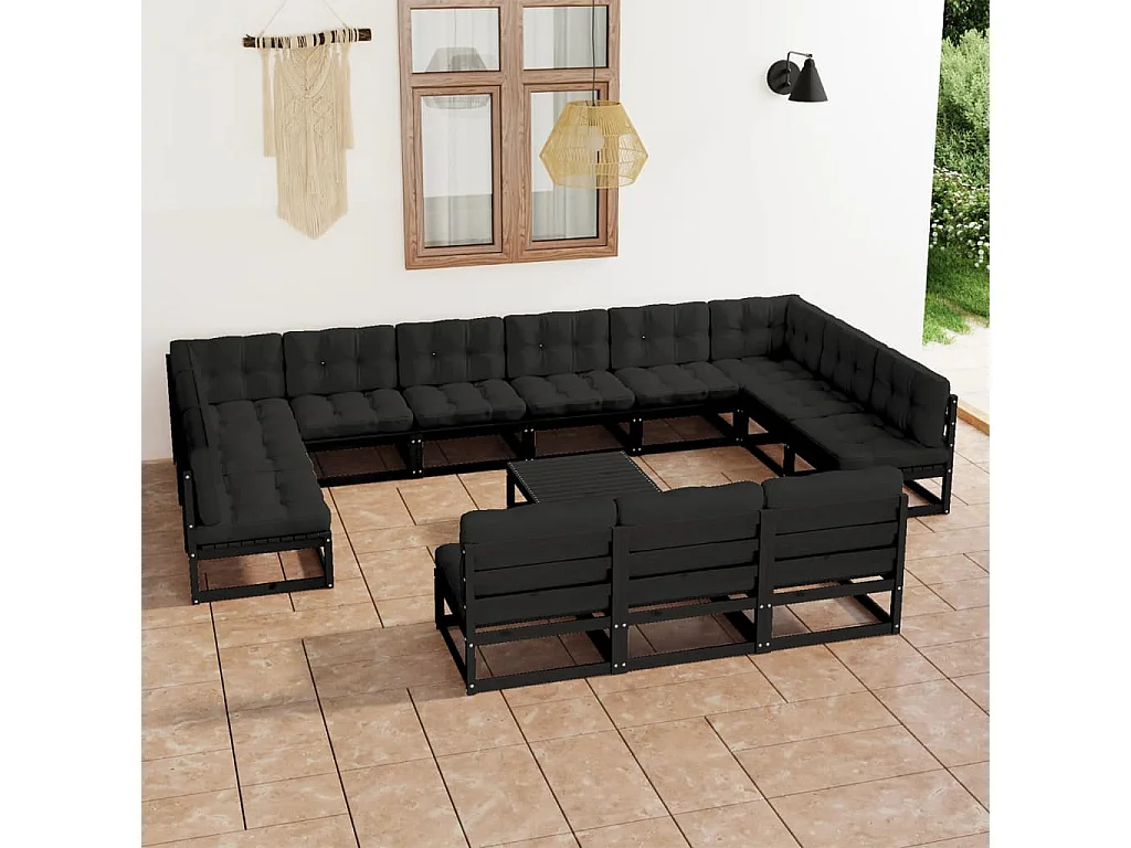 14 pcs conjunto longue jardim c/ almofadões pinho maciço preto