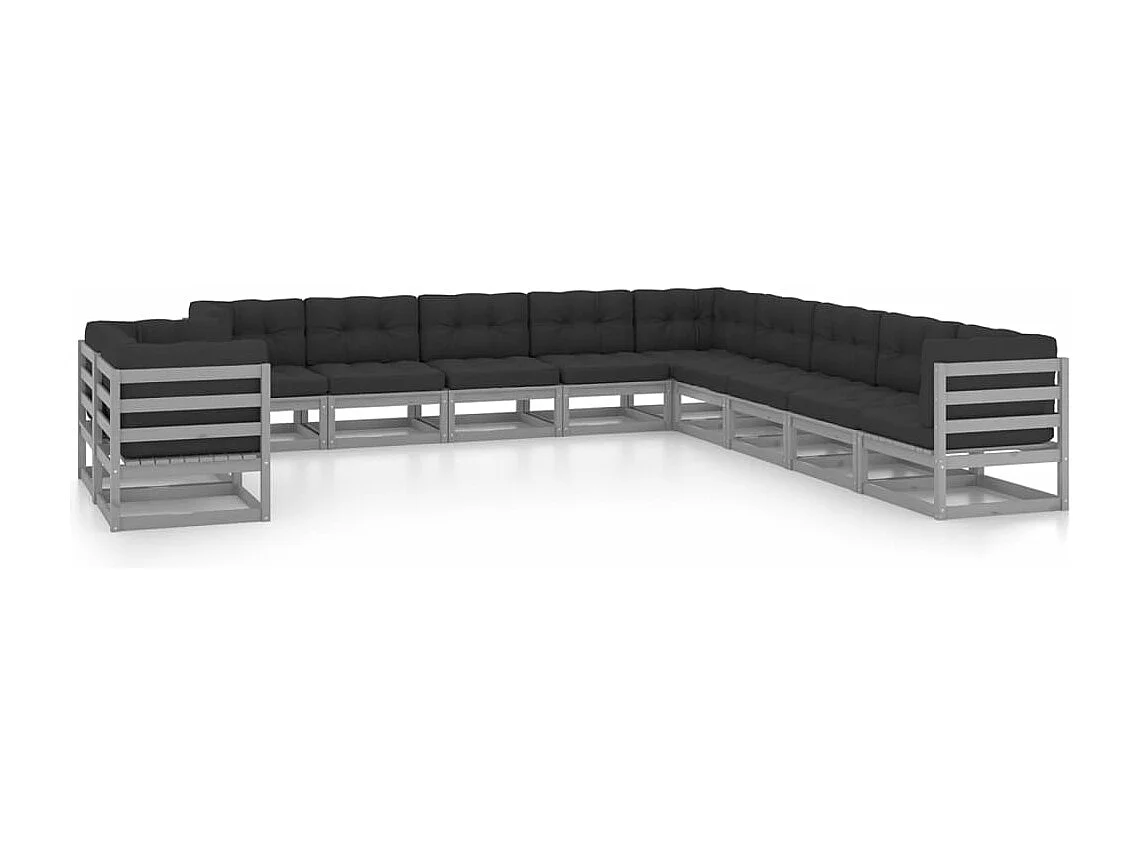 11-tlg. Garten-Lounge-Set mit Kissen Grau Kiefer Massivholz