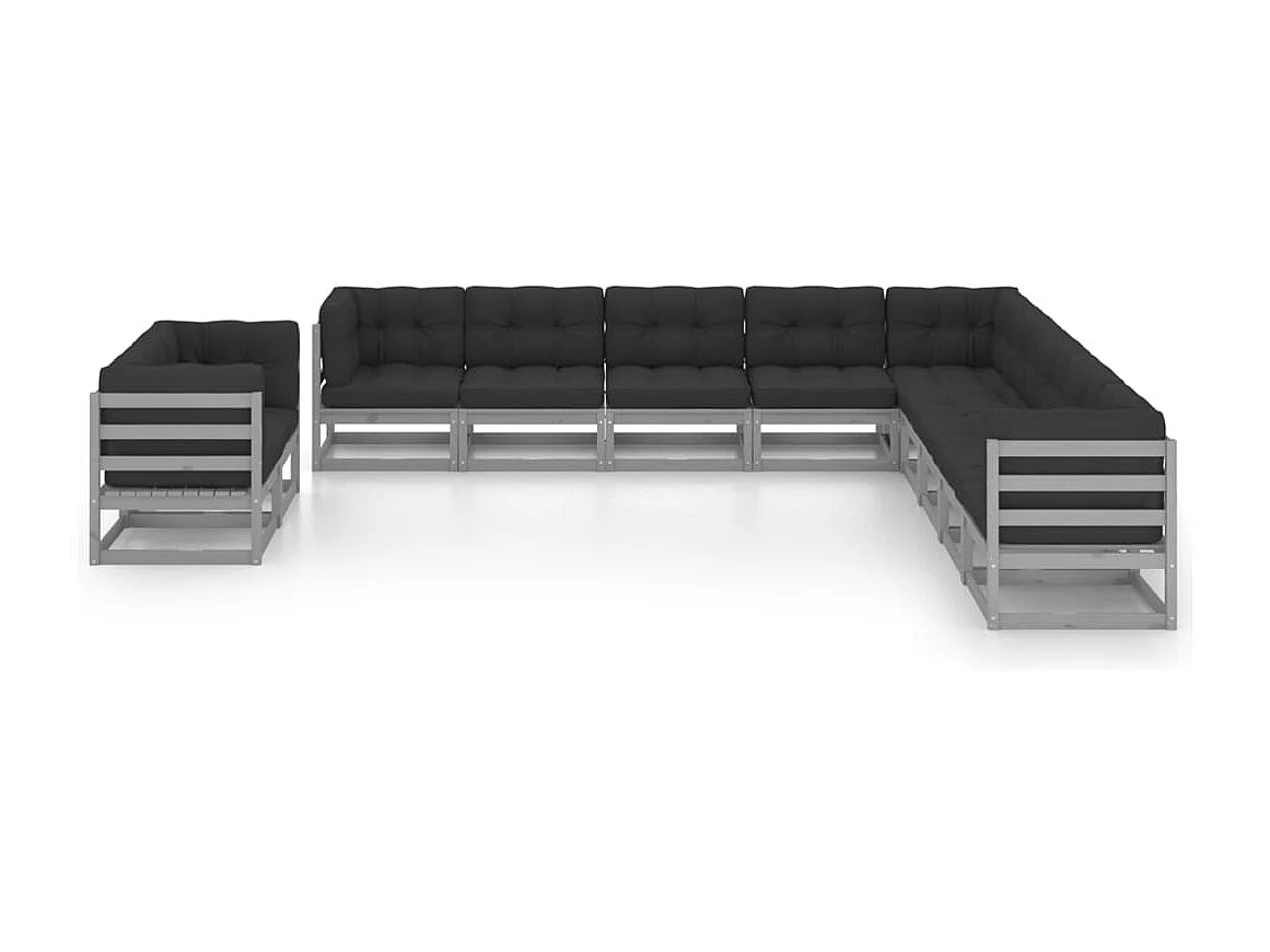 11-tlg. Garten-Lounge-Set mit Kissen Grau Kiefer Massivholz