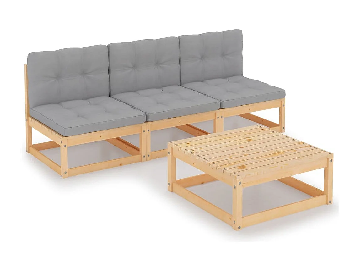 Salon de jardin 4 pcs avec coussins Bois de pin massif