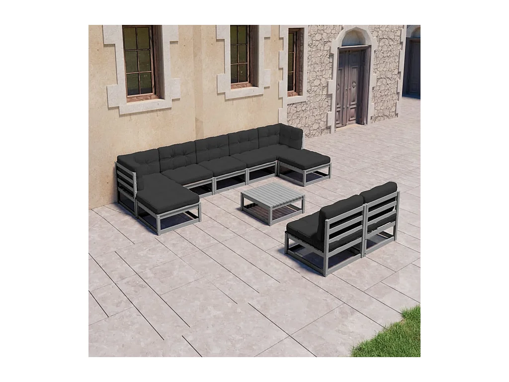 Salon de jardin 10 pcs avec coussins Gris Bois de pin massif