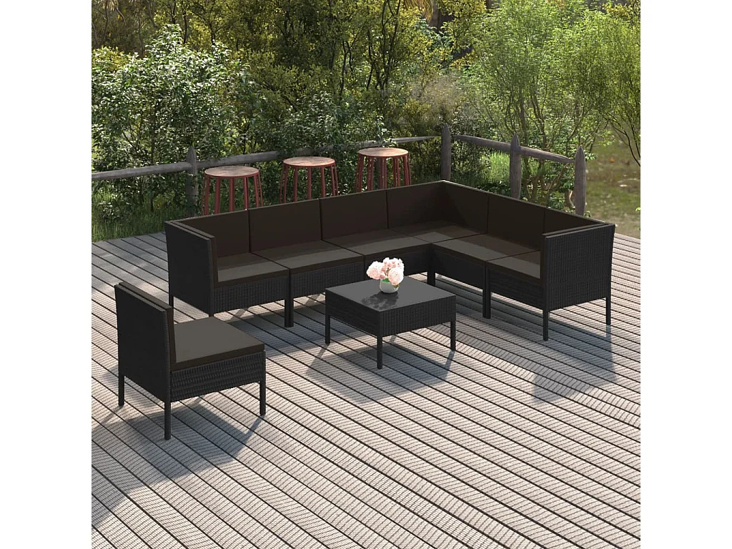 Salon de jardin 8 pcs avec coussins résine tressée noir