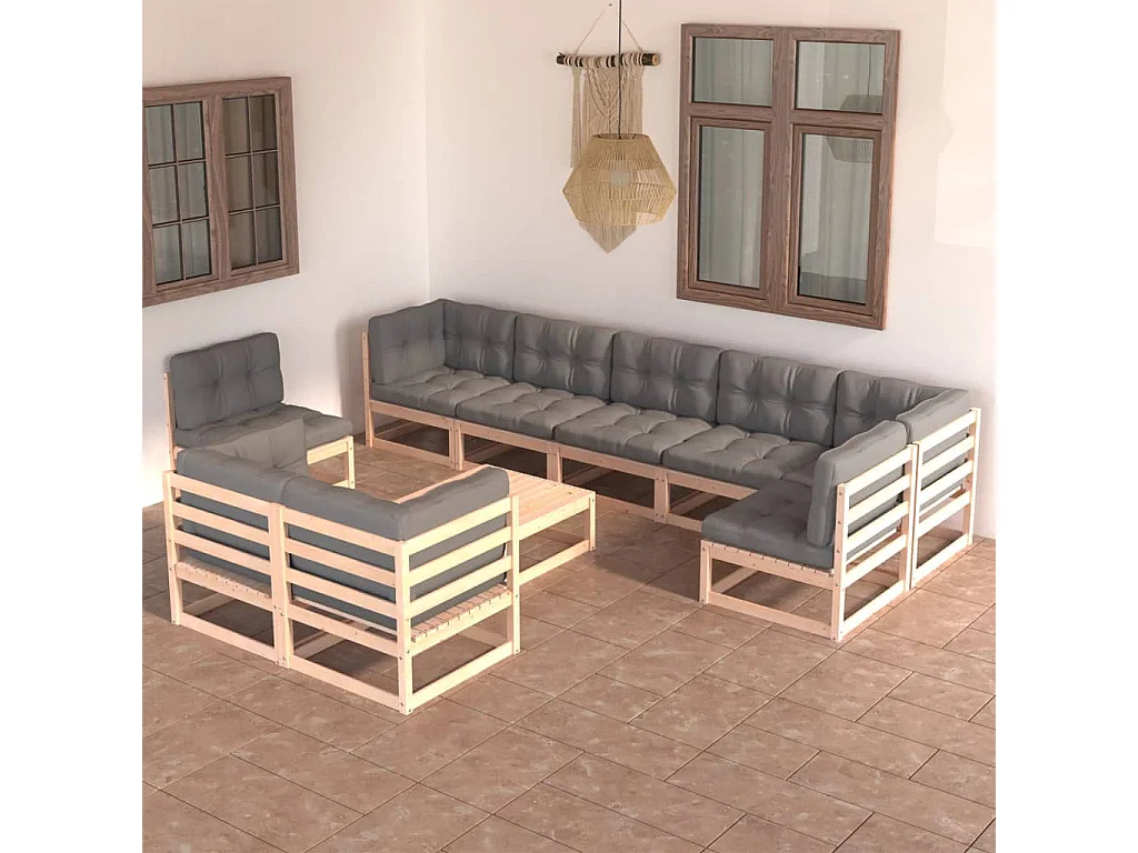 10-tlg. Garten-Lounge-Set mit Kissen Massivholz Kiefer