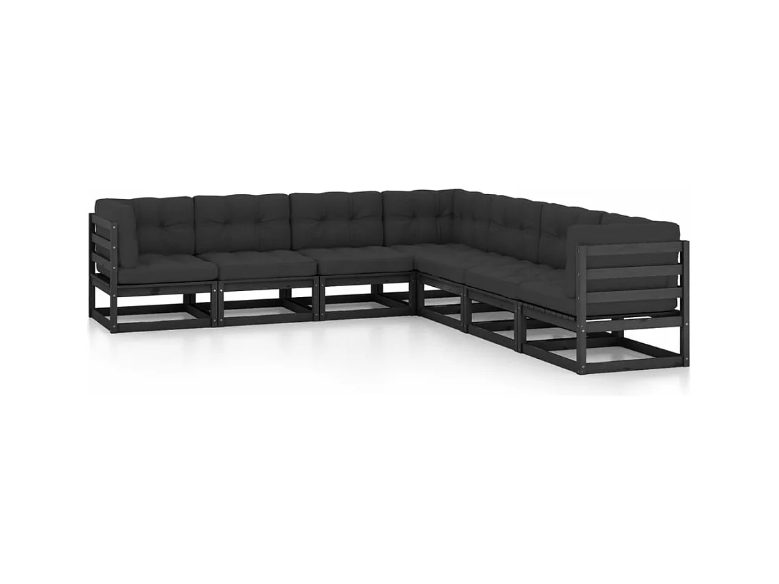 7-delige Loungeset met kussens massief grenenhout zwart