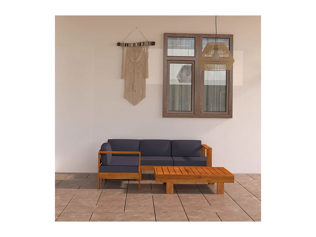 Set Divani Giardino 5 Posti Cuscini Grigi Scuro Massello Acacia