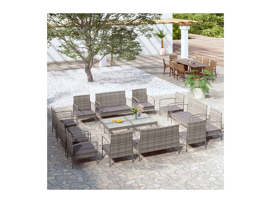 Salon de jardin 16 pcs avec coussins Résine tressée Gris
