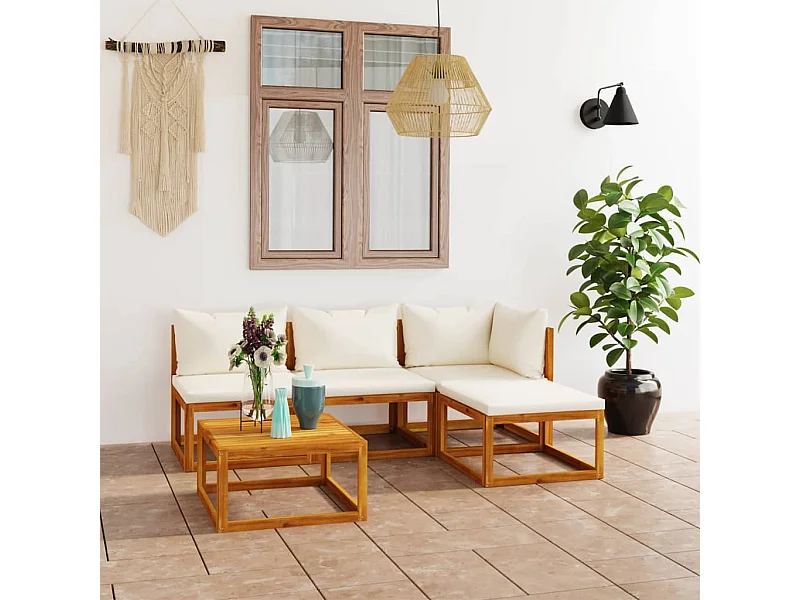 Set Divani da Giardino 5 pz con Cuscini Crema in Legno Acacia
