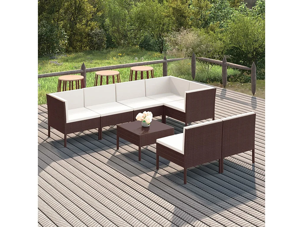 8-delige Loungeset met kussens poly rattan bruin