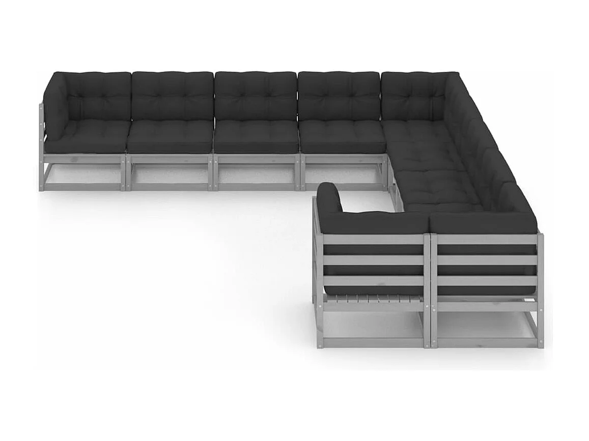 Salon de jardin 10 pcs avec coussins Gris Bois de pin massif