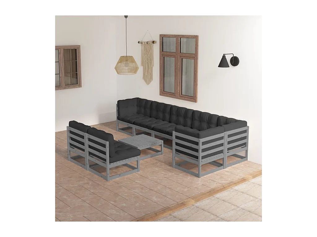 Salon de jardin 9 pcs avec coussins Bois de pin massif