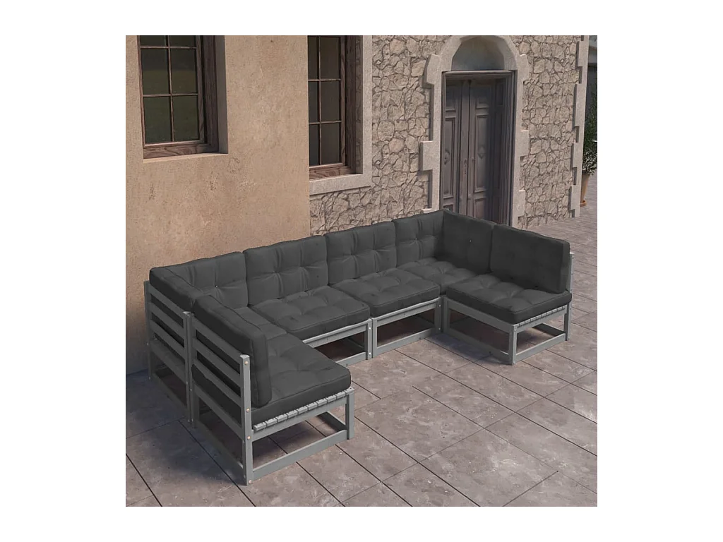 Salon de jardin 6 pcs avec coussins Gris Bois de pin massif