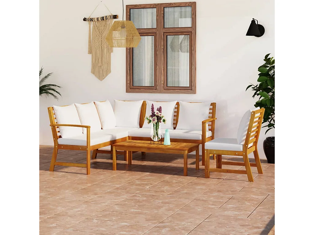 Salon de jardin 5 pcs avec coussin Crème Bois d'acacia solide