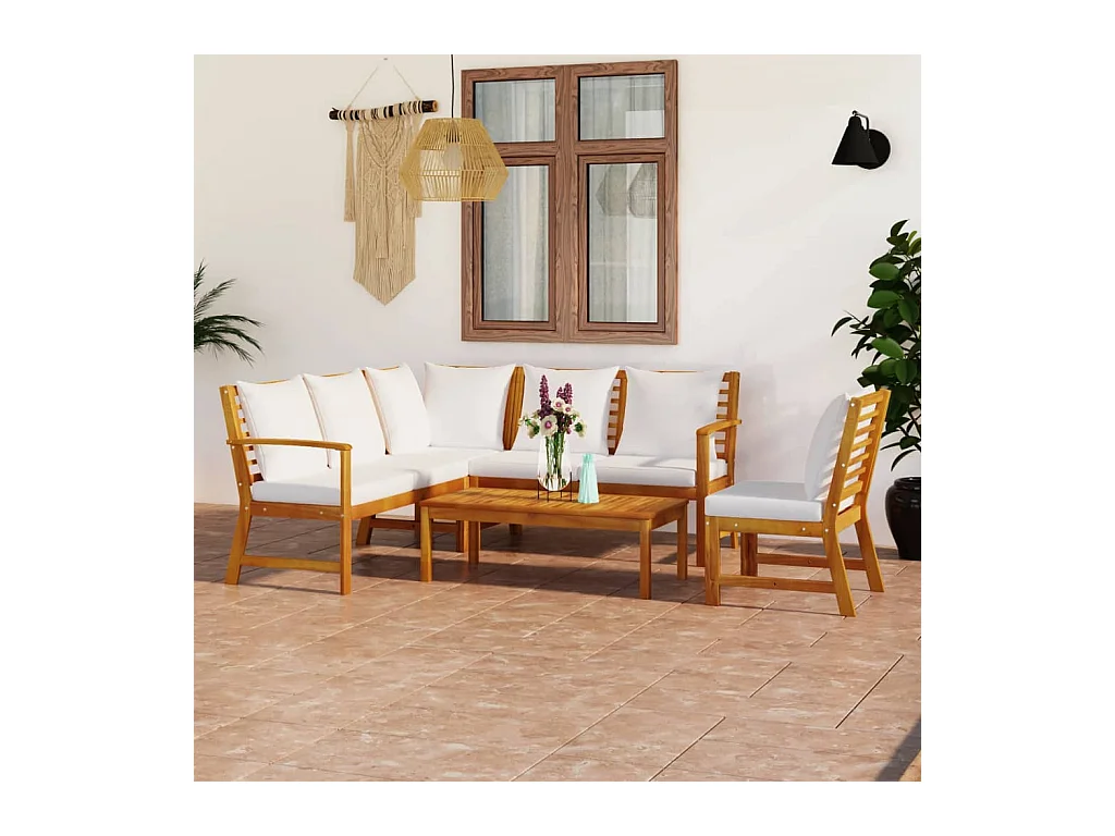 Salon de jardin 5 pcs avec coussin Crème Bois d'acacia solide