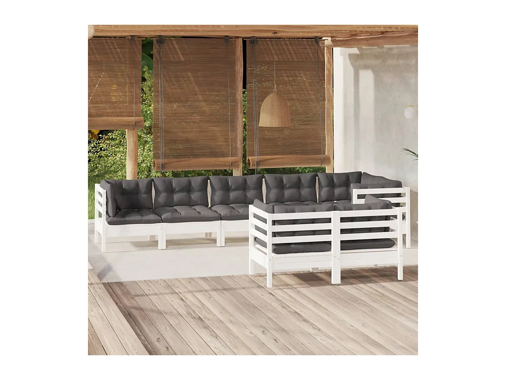 Salon de jardin 8 pcs avec coussins blanc bois de pin massif