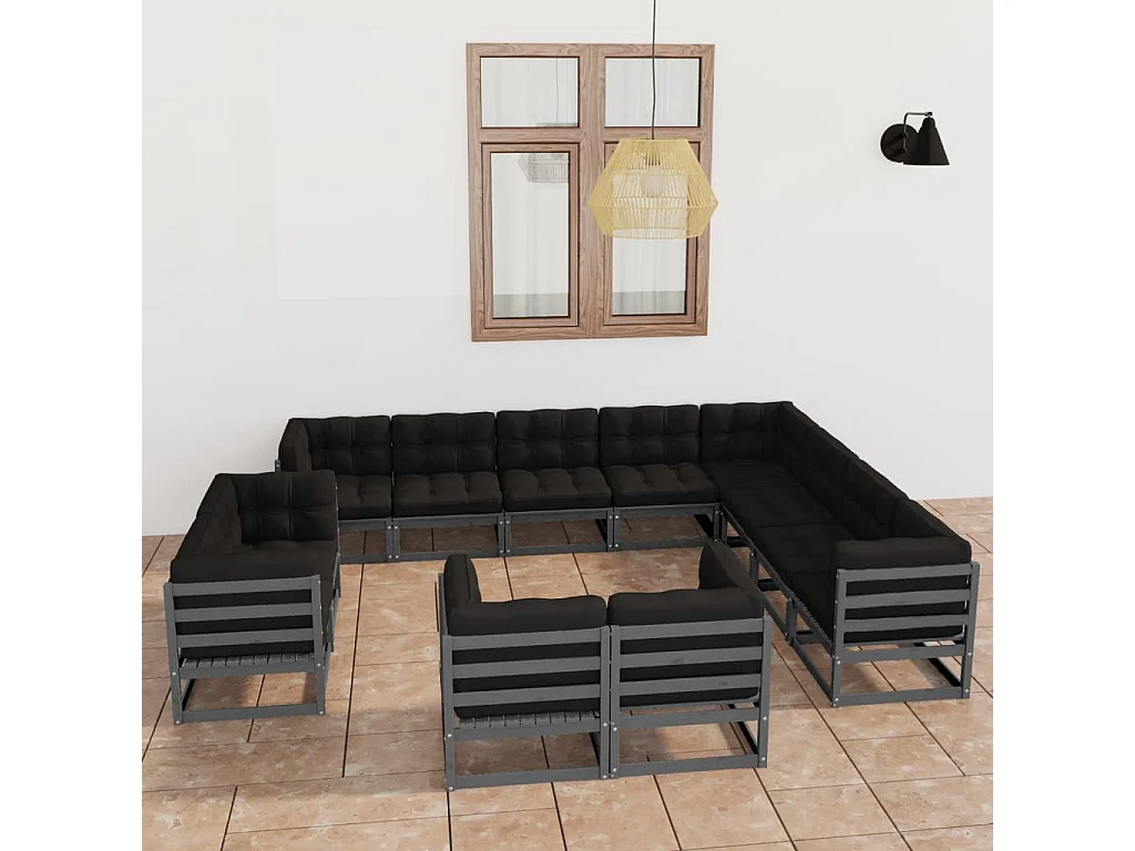 Salon de jardin 12 pcs avec coussins Gris Bois de pin massif
