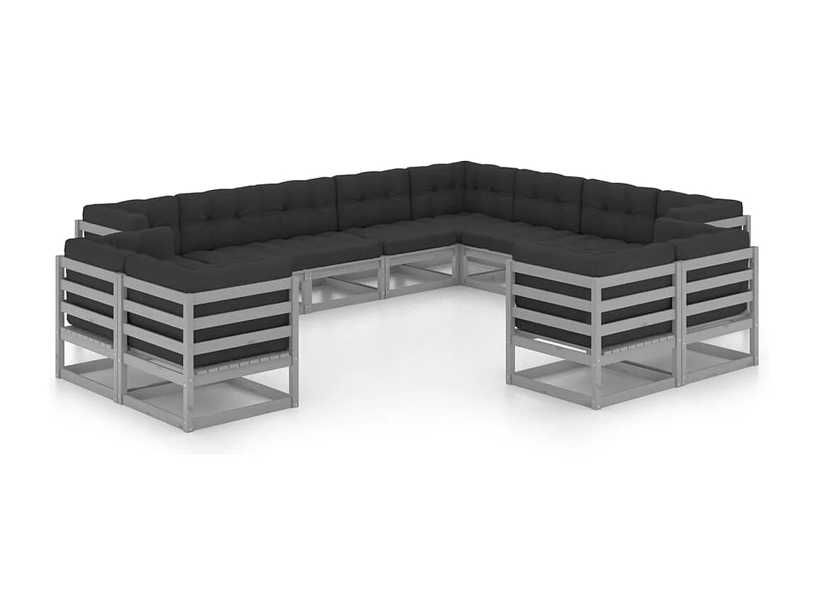 Salon de jardin 12 pcs avec coussins Gris Bois de pin massif