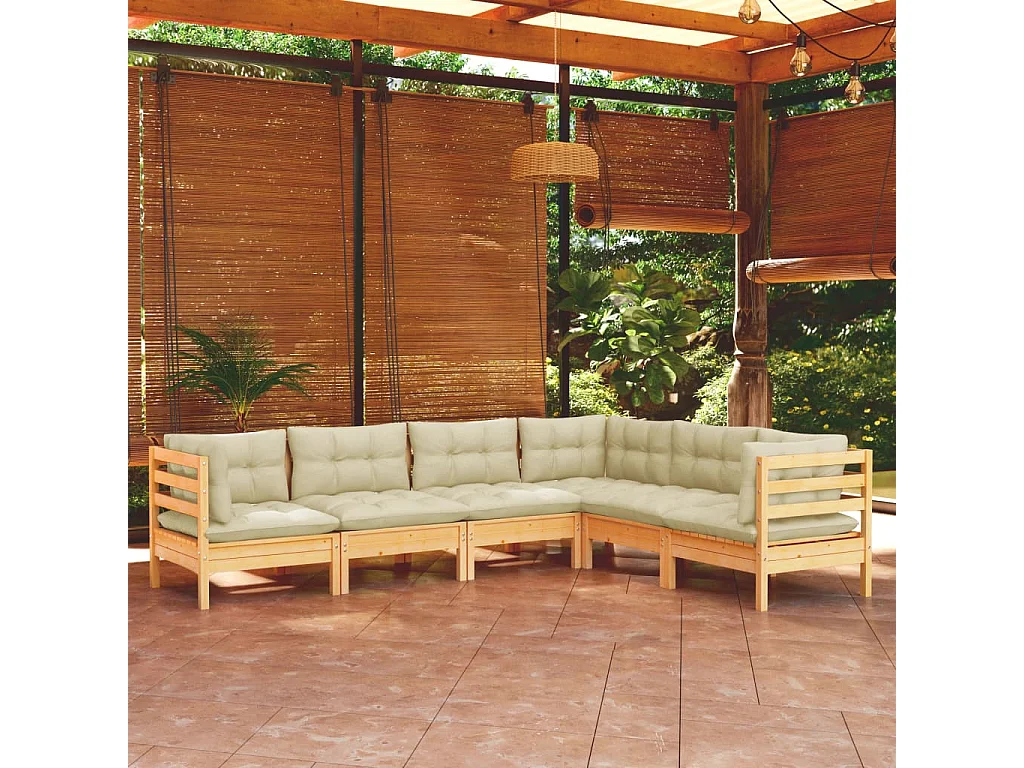 6 pcs conjunto lounge jardim c/ almofadões creme pinho maciço