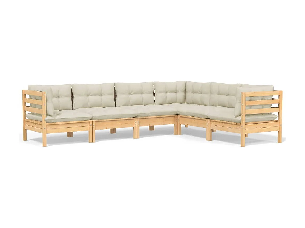 6 pcs conjunto lounge jardim c/ almofadões creme pinho maciço