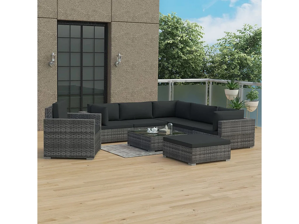 8 pcs conjunto lounge de jardim c/ almofadões vime PE cinzento