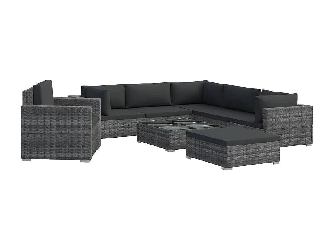 8 pcs conjunto lounge de jardim c/ almofadões vime PE cinzento