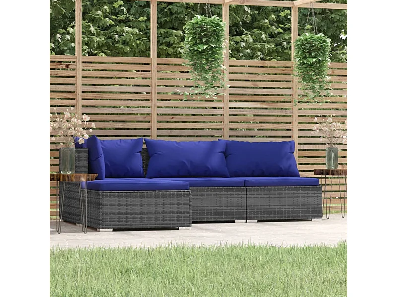 Set Divani da Giardino 4 pz con Cuscini in Polyrattan Grigio