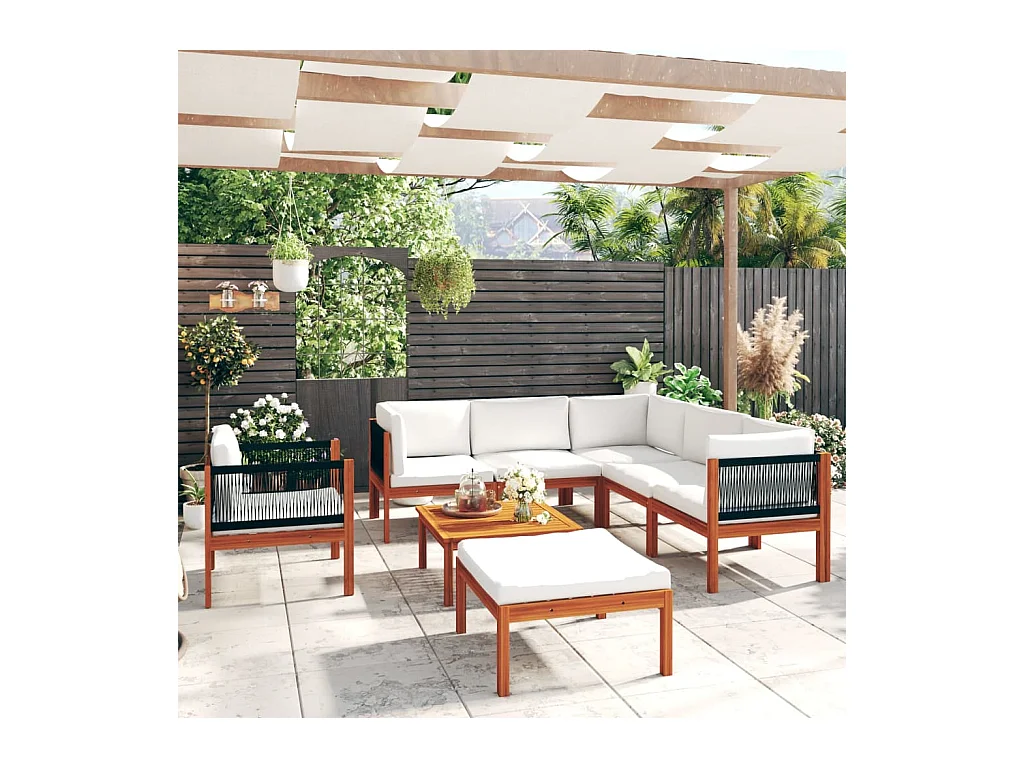 Salon de jardin 8 pièces avec coussins, bois d'acacia crème et corde