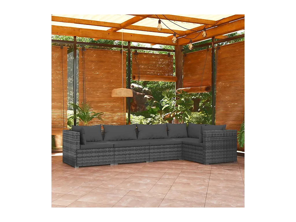 5-delige Loungeset met kussens poly rattan grijs
