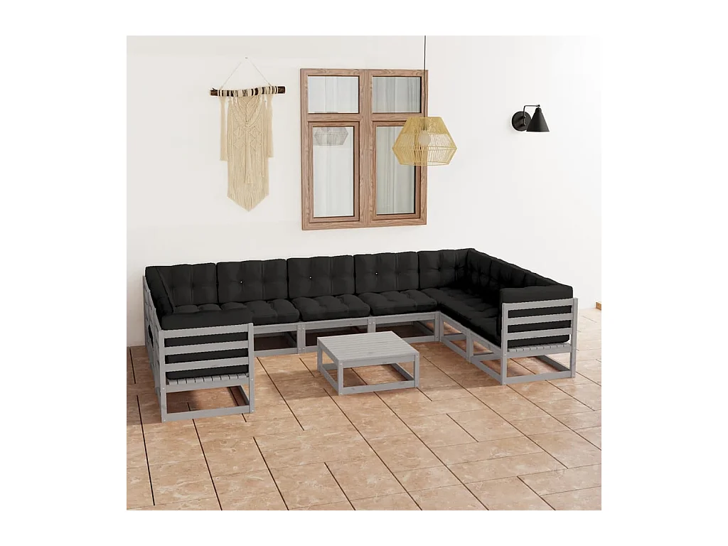 Salon de jardin 10 pcs avec coussins Gris Bois de pin massif