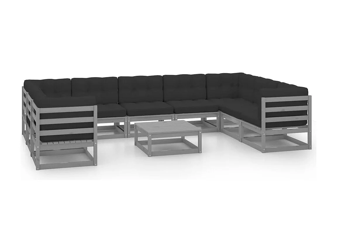 10pcs conjunto lounge de jardim + almofadões pinho maciço cinza