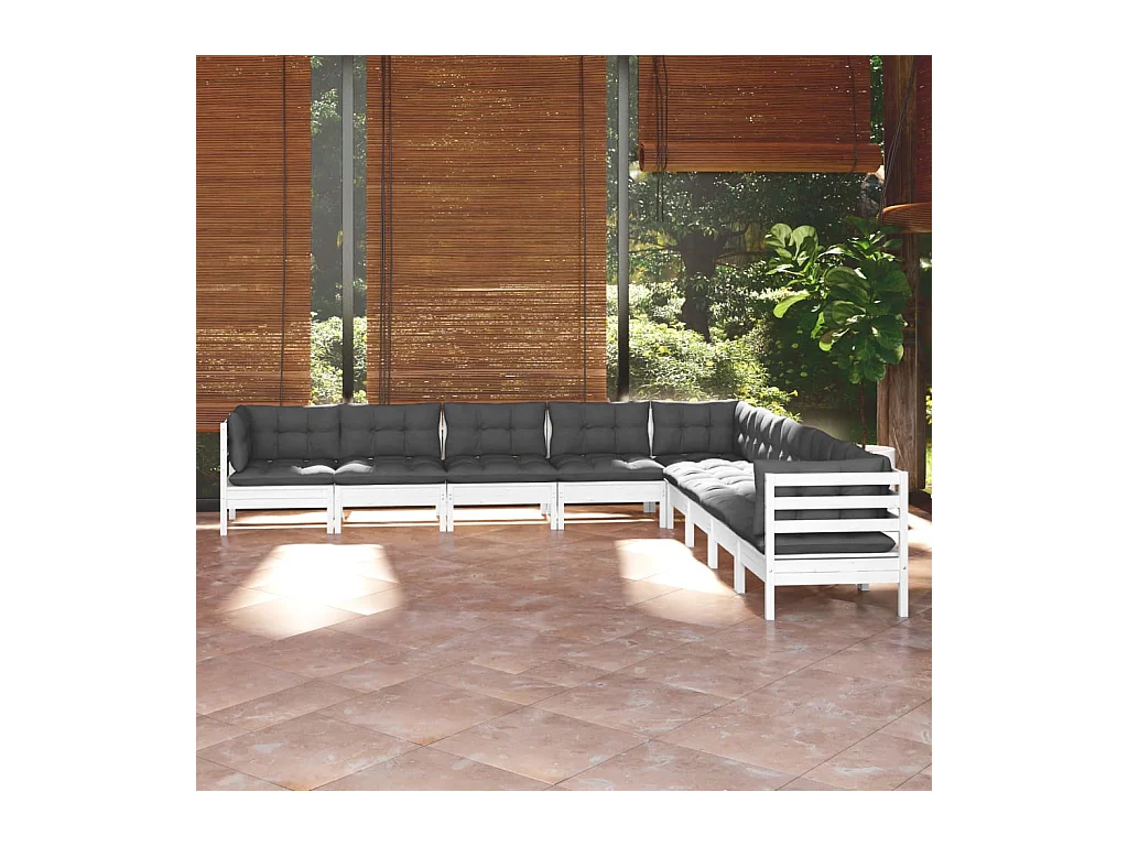 Salon de jardin 9 pcs avec coussins blanc bois de pin massif
