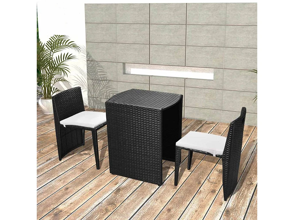 Mesa y sillas bistró jardín 3 pzas y cojines poli ratán negro