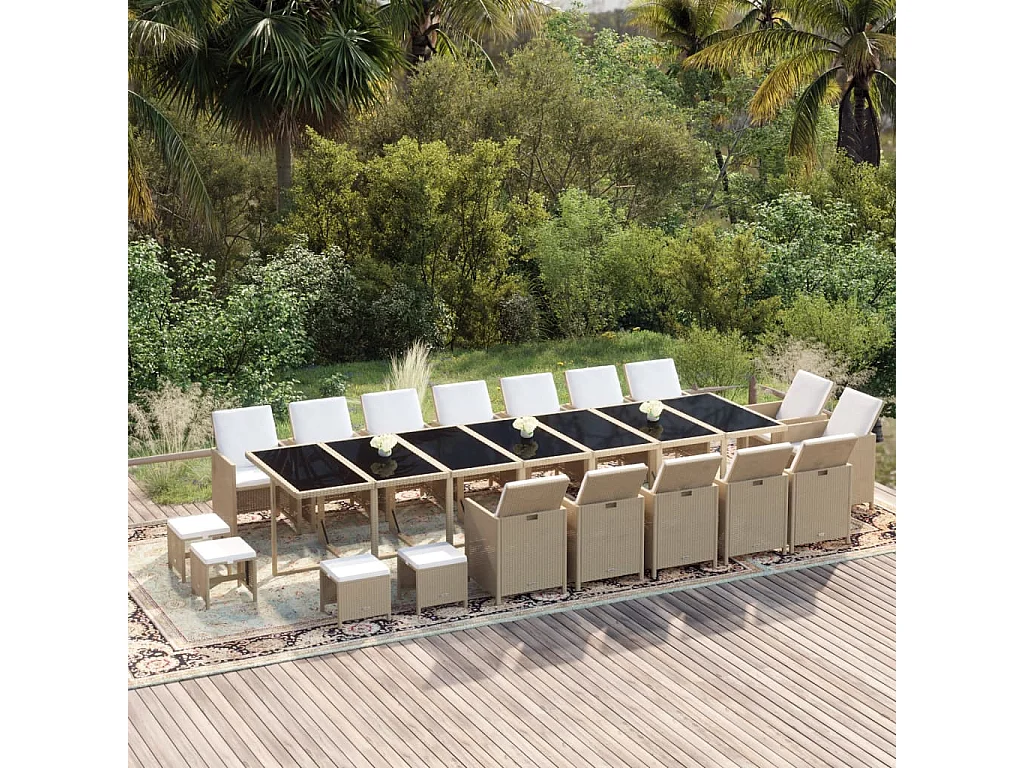 Set da Pranzo per Giardino 19pz con Cuscini in Polyrattan Beige