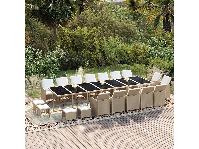 Set da Pranzo per Giardino 19pz con Cuscini in Polyrattan Beige