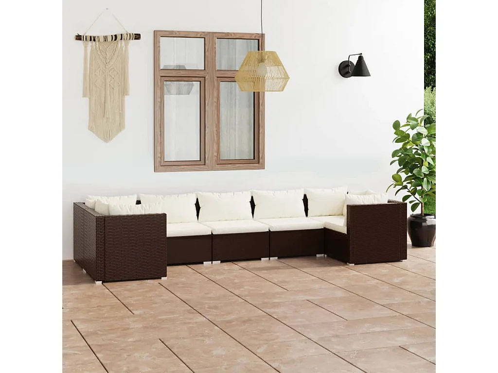 Salon de jardin 7 pcs avec coussins Résine tressée Marron