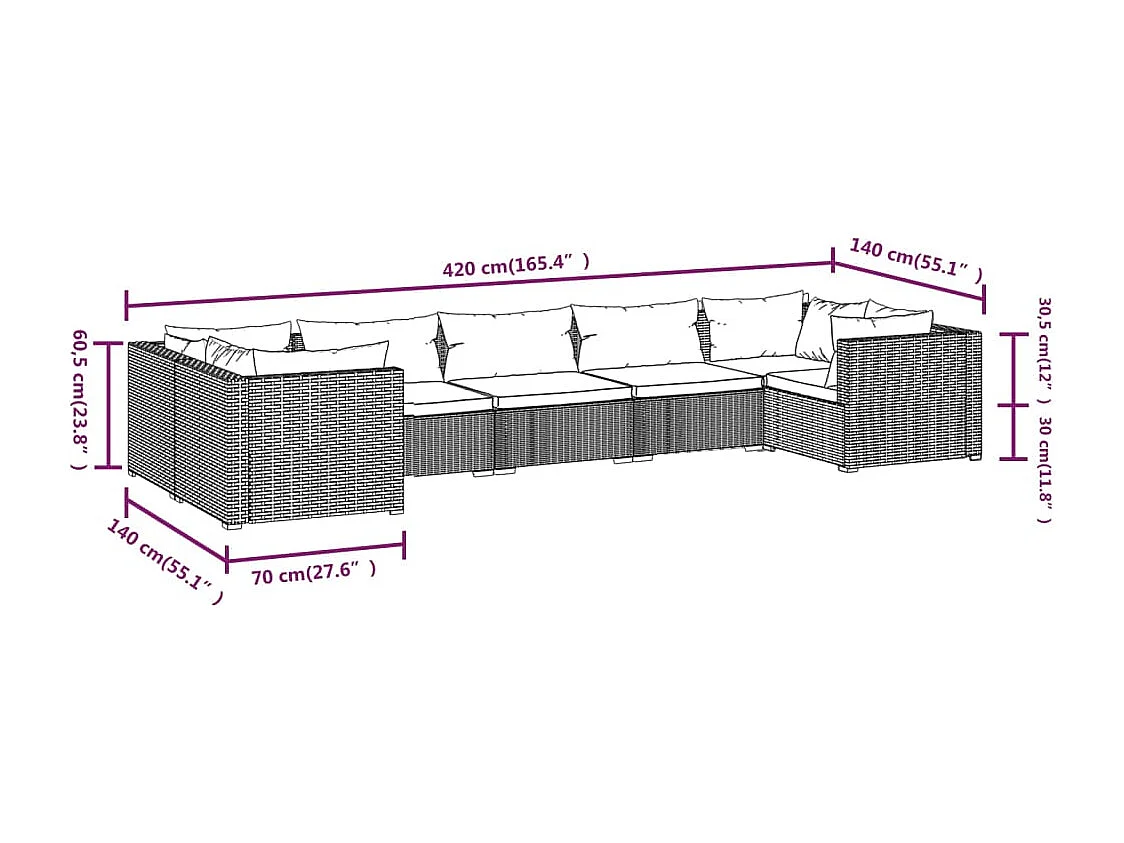 Salon de jardin 7 pcs avec coussins Résine tressée Marron