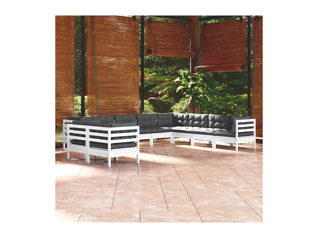Salon de jardin 10 pcs avec coussins blanc bois de pin massif