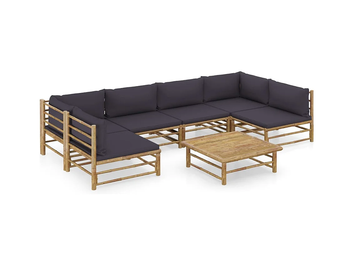 Salon de jardin 7 pcs avec coussins gris foncé bambou