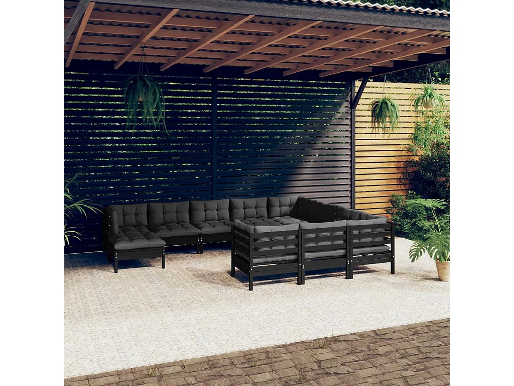 Salon de jardin 11 pcs avec coussins Noir Bois de pin