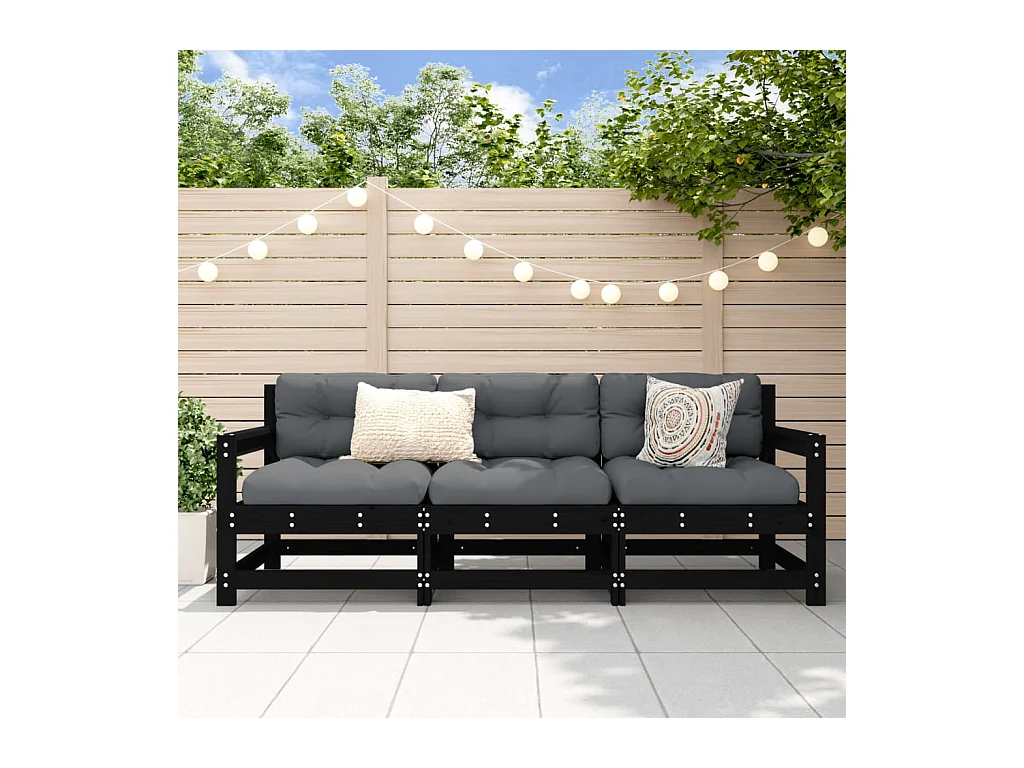 Set Salotto da Giardino 3 pz Nero in Legno Massello di Pino