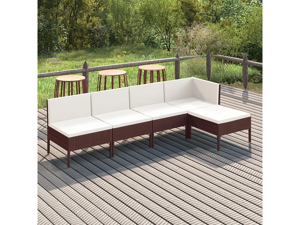 5-delige Loungeset met kussens poly rattan bruin